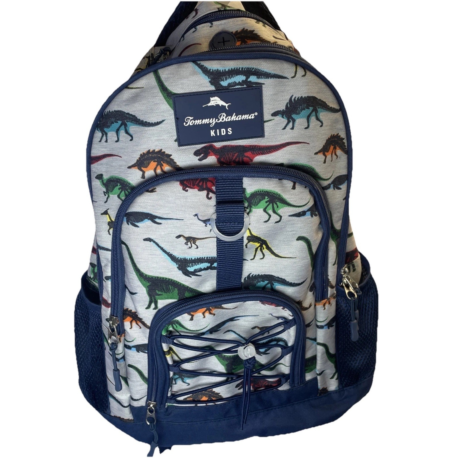 Tommy Bahama Kids Backpack Bag Navy Blue/Grey Colorful Dinosaurs 4 Zip Pockets